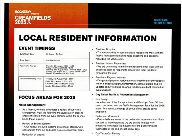 Creamfields 2025 Local Residents Info Poster