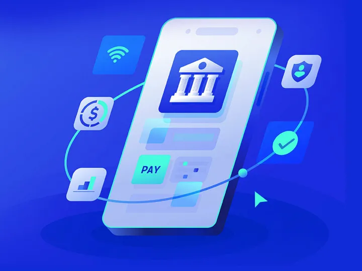 Digital banking illustration with mobile app, financial data, and money icons representing banks competing with fintechs